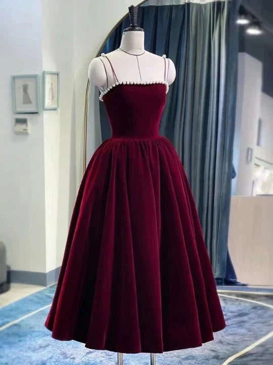 Spaghetti Straps Burgundy Velvet Prom Dress Simple Prom Dress Party Dress C2320