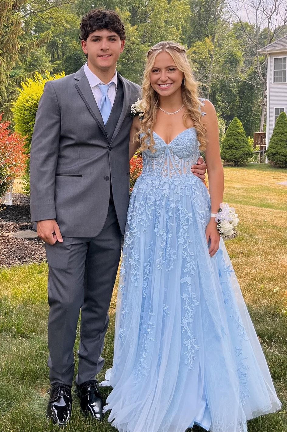 Red Floral Lace Applique Side Slit Long Formal Dress