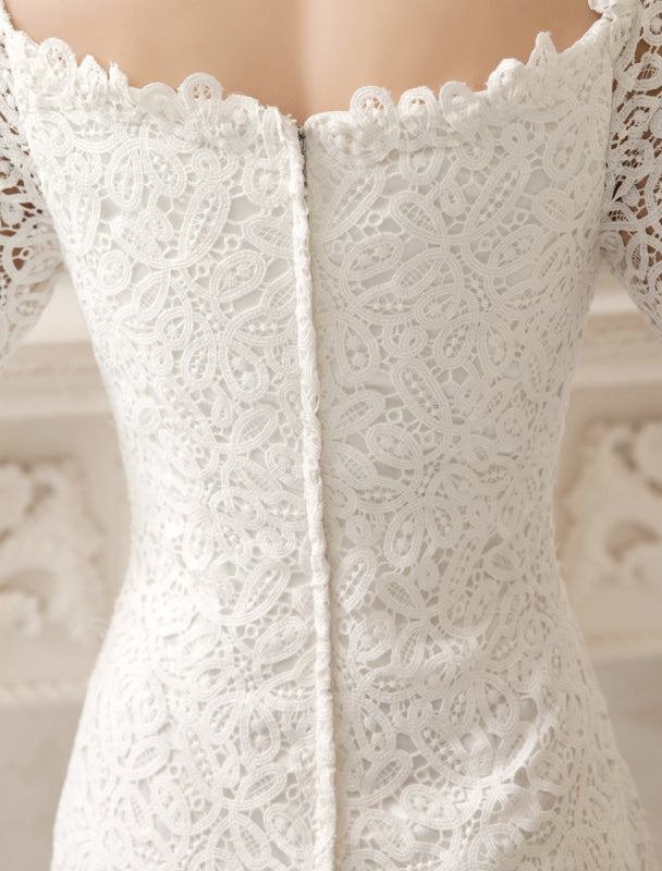Short Simple Wedding Dresses Lace Long Sleeve Knee Length Bridal Reception Dress
