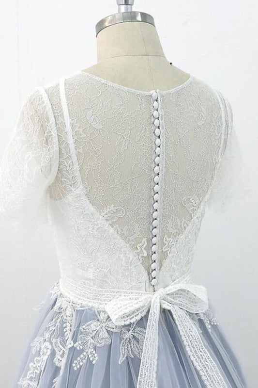 Short Sleeve Appliques Tulle A-line Wedding Dress