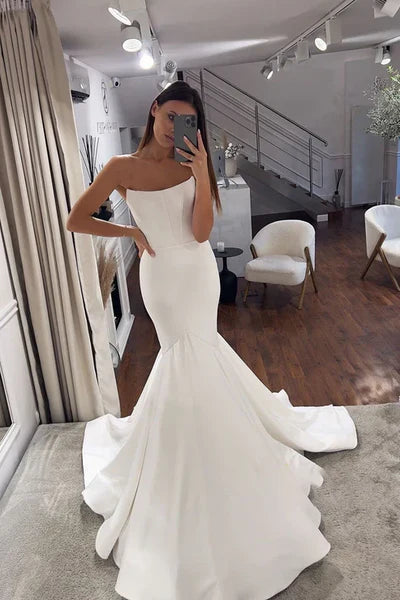 Simple Mermaid Strapless Satin Wedding Dress Bridal Gowns Off Shoulder White