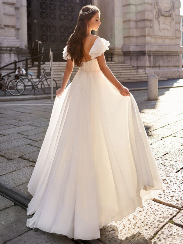 Simple Wedding Dress A Line Off The Shoulder Natural Waistline Chiffon Bridal Gowns
