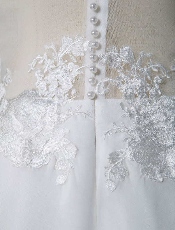 Simple Wedding Dress A Line V Neck Sleeveless Lace Illusion Back Bridal Gowns