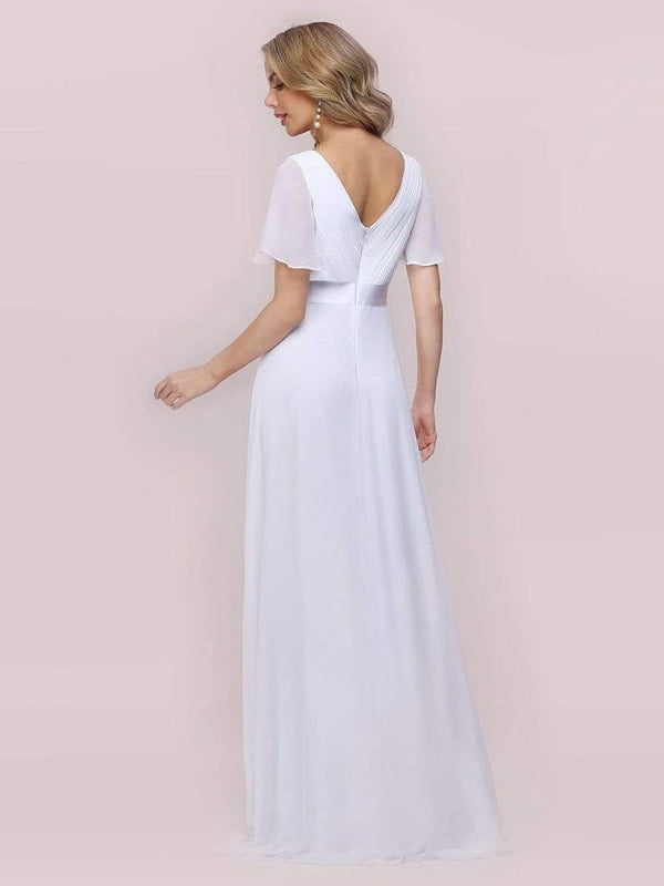 Simple Wedding Dress Chiffon V-Neck Short Sleeves Backless A-Line Long Bridal Gowns