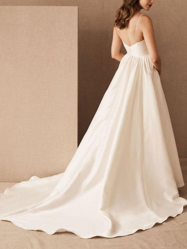 Simple Wedding Dress Satin V Neck Sleeveless A Line Bridal Gowns with Pockets
