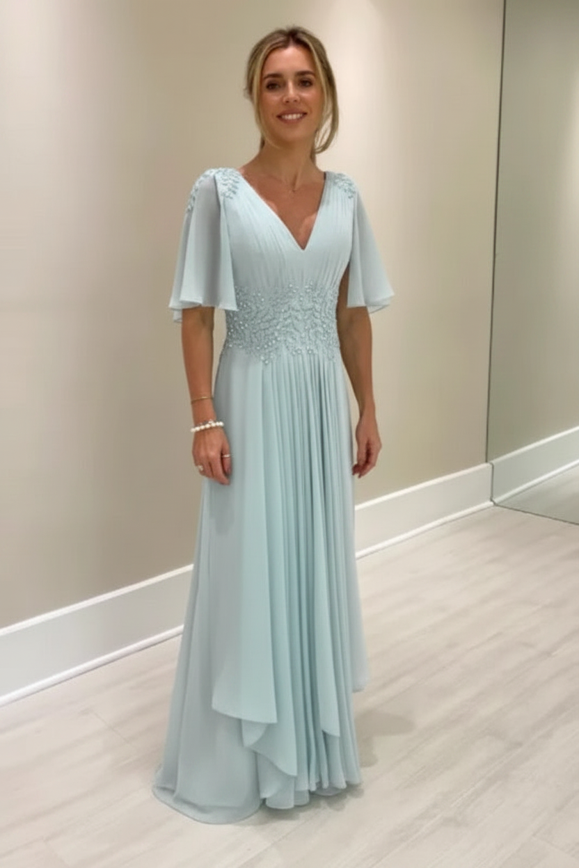 Elegant Half Sleeves V-neck Aline Wedding Guest Dress Chiffon Mother of the Bride Dress