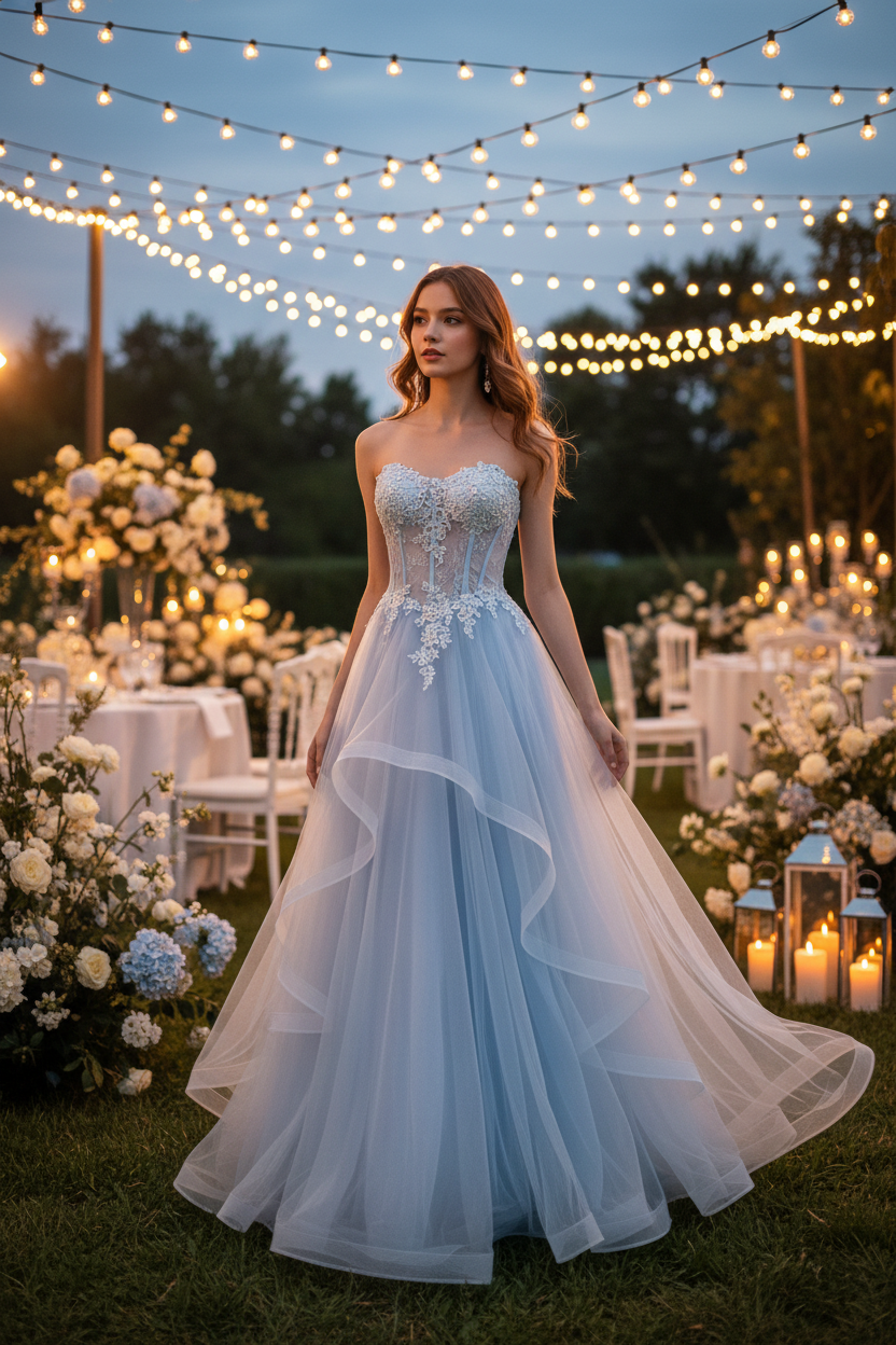 Lace-up Appliques Tulle Long A-line Prom Dress Sky Blue Evening Dress