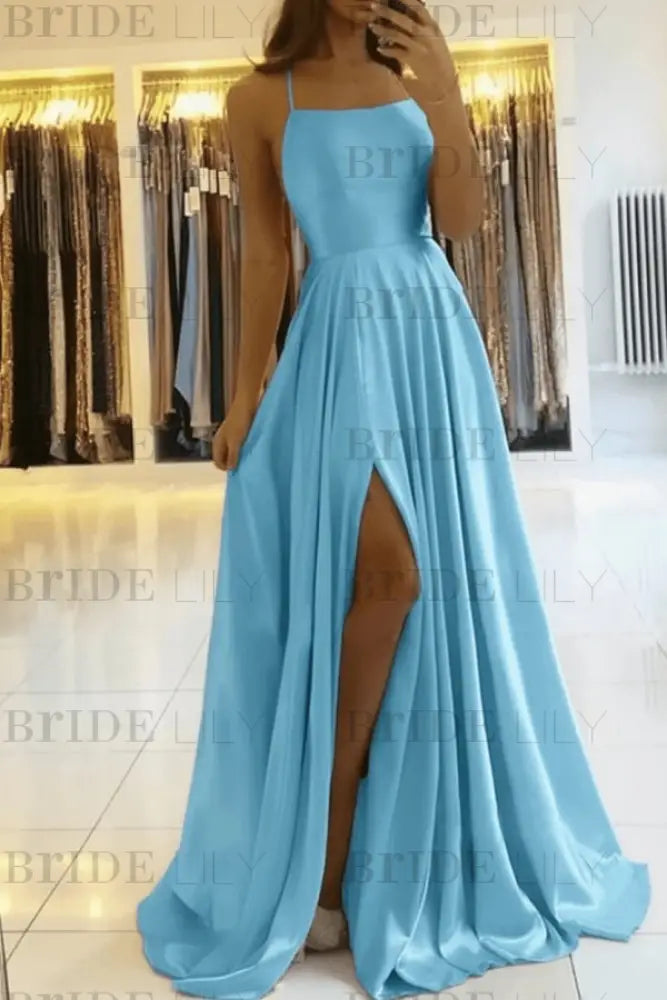 Simple Prom Dress Long With Spaghetti Straps Front Slit Satin Evening Dress