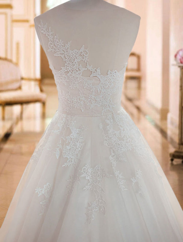 Sleeveless A Line Wedding Dresses Lace Floral Applique Bridal Gowns With Train