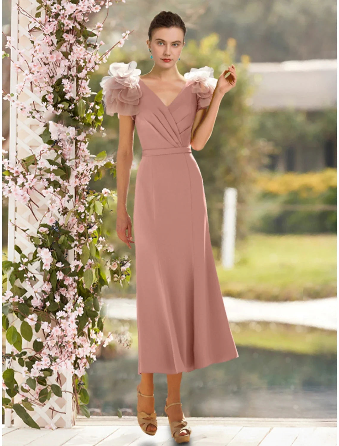 Aimishang A-Line Mother of the Bride Dress Wedding Guest Elegant V Neck Ankle Length Satin Short Sleeve with Cascading Ruffles Ruching