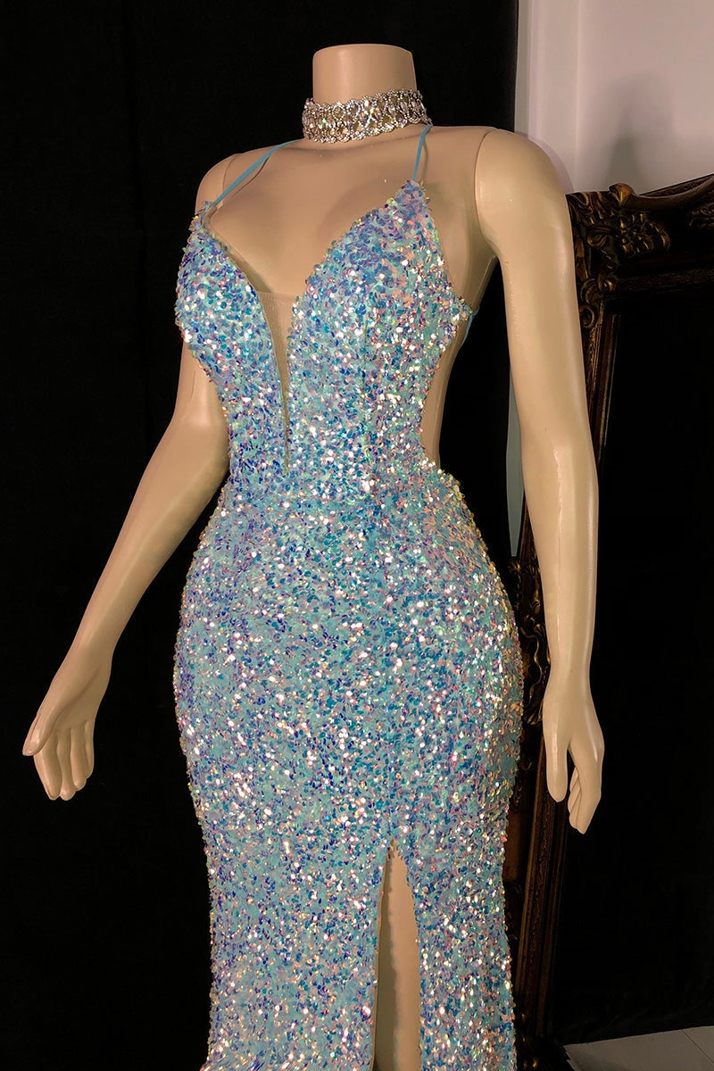 Sparkly Sequins Spaghetti Straps Side Slit Open Back Prom Dress