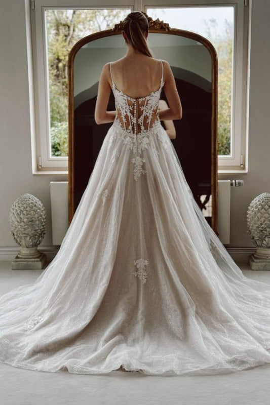 Square Neck Sleeveless A Line Wedding Dresses with Lace Appliques