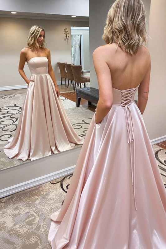 Strapless Backless Emerald Green Long Prom Dress with Pocket Satin Formal Dress
