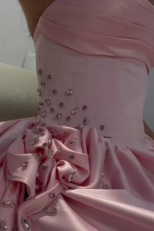 Strapless Pink Evening Dress Long with Front Split Flowers Satin Prom Dress