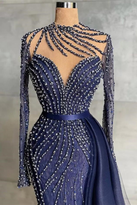 Stylish Navy Mermaid Evening Dress with Detachable Tail Crystals Beads Prom Dress High Neck