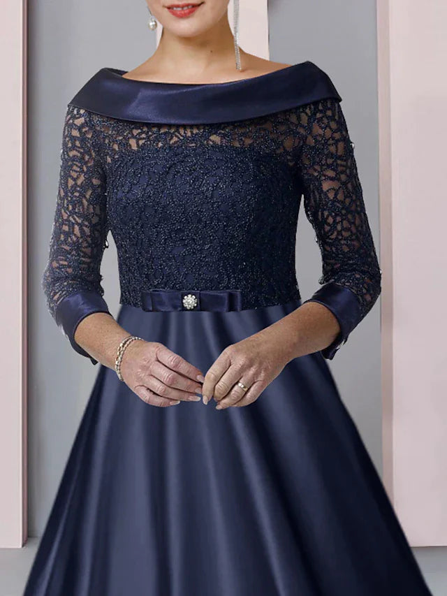 DingjiA-Line Mother of the Bride Dress Formal Wedding Guest Party Elegant Scoop Neck Tea Length Satin Lace 3/4 Length Sleeve with Bow(s) Pleats Appliques