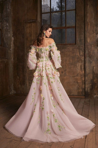 Elegant A line Off The Shoulder Long Sleeves Floral Pink Tulle Party Dress Prom Dresses Evening Dress HZ1024