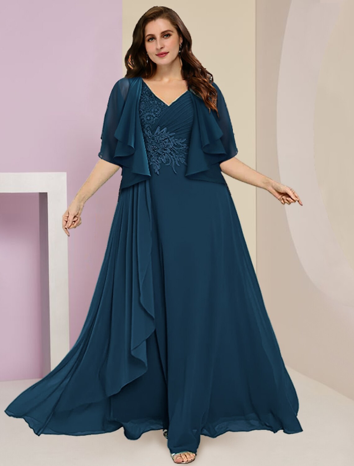 Aimishang Two Piece A-Line Mother of the Bride Dress Formal Wedding Guest Plus Size Hide Belly Elegant V Neck Floor Length Chiffon Lace Sleeveless with Ruched Appliques