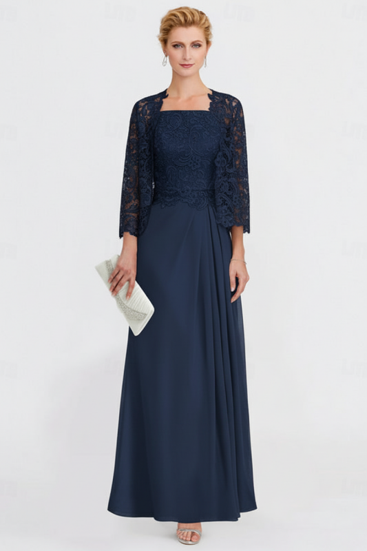 Two Pieces Chiffon Mother of the Bride Dresses Silver Lace Appliques Wedding Wear Outfits