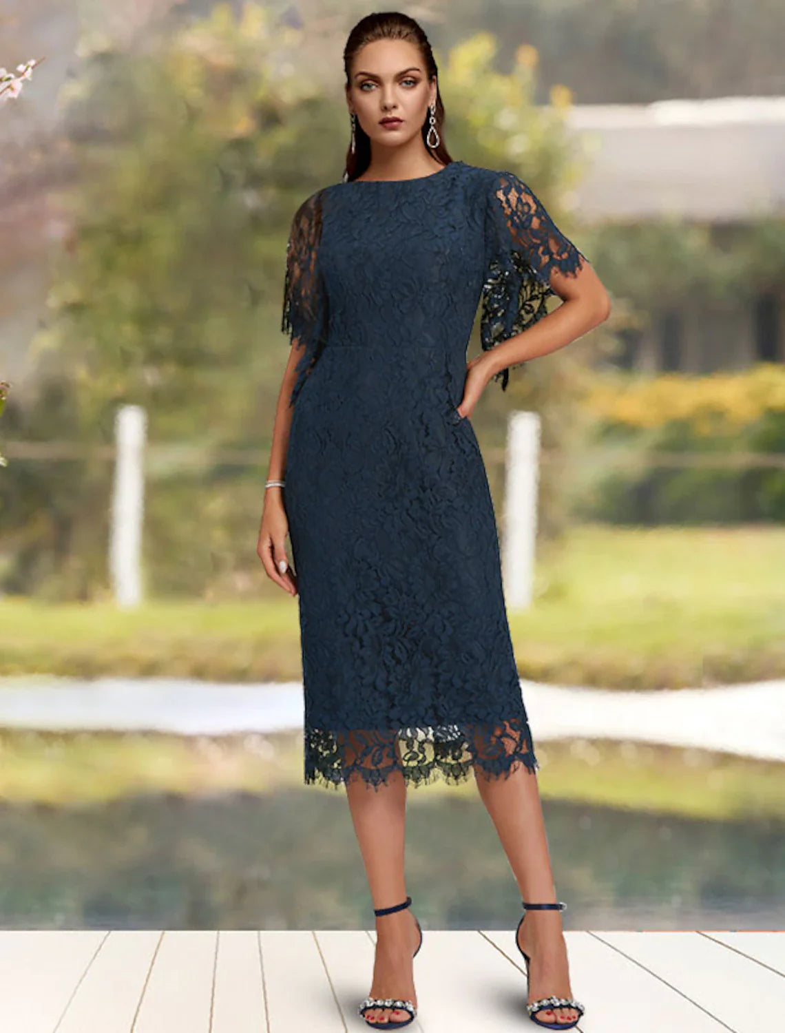 Aimishang Sheath / Column Mother of the Bride Dress Wedding Guest Elegant Jewel Neck Tea Length Lace Short Sleeve with Solid Color