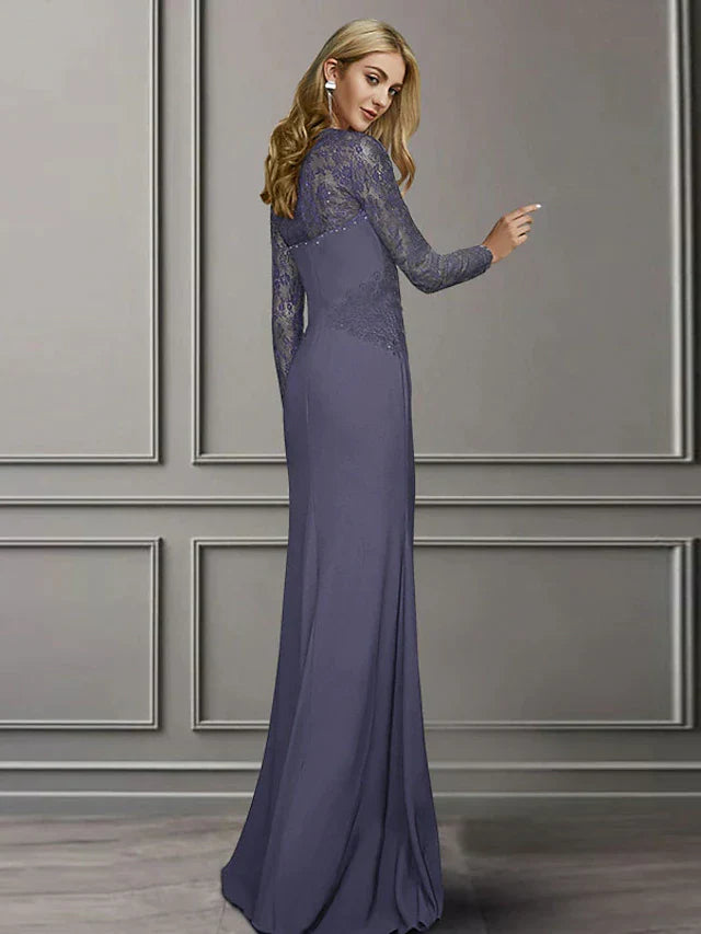Sheath / Column Mother of the Bride Dress Elegant Square Neck Sweep / Brush Train Chiffon Lace Long Sleeve with Appliques