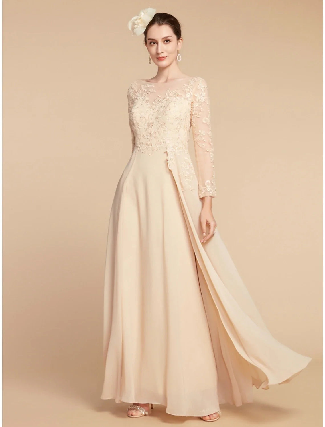 Aimishang A-Line Mother of the Bride Dress Wedding Guest Elegant Jewel Neck Ankle Length Chiffon Lace Long Sleeve with Ruching Solid Color