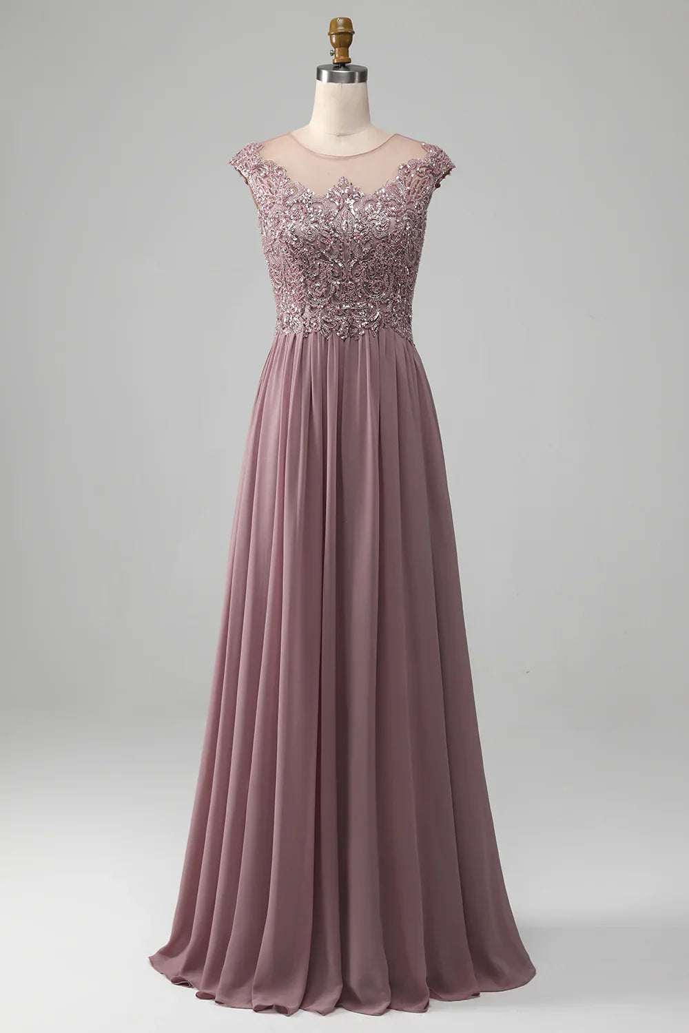 A-line Beaded Chiffon Round Neck Maxi Mother of the Bride Dress