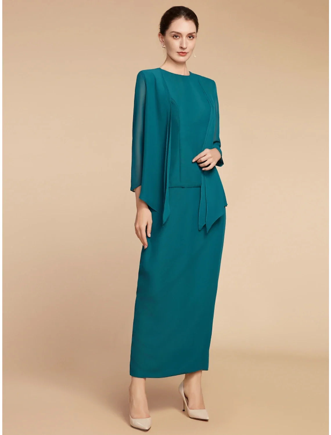 Aimishang Sheath / Column Mother of the Bride Dress Wedding Guest Elegant Simple Jewel Neck Ankle Length Chiffon Long Sleeve with Split Front Ruching Solid Color