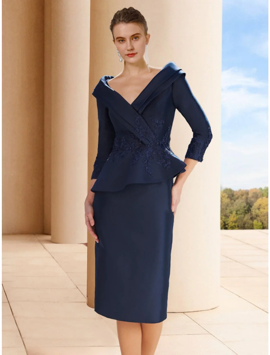 Aimishang A-Line Mother of the Bride Dress Wedding Guest Elegant Petite V Neck Knee Length Satin 3/4 Length Sleeve with Split Front Ruching