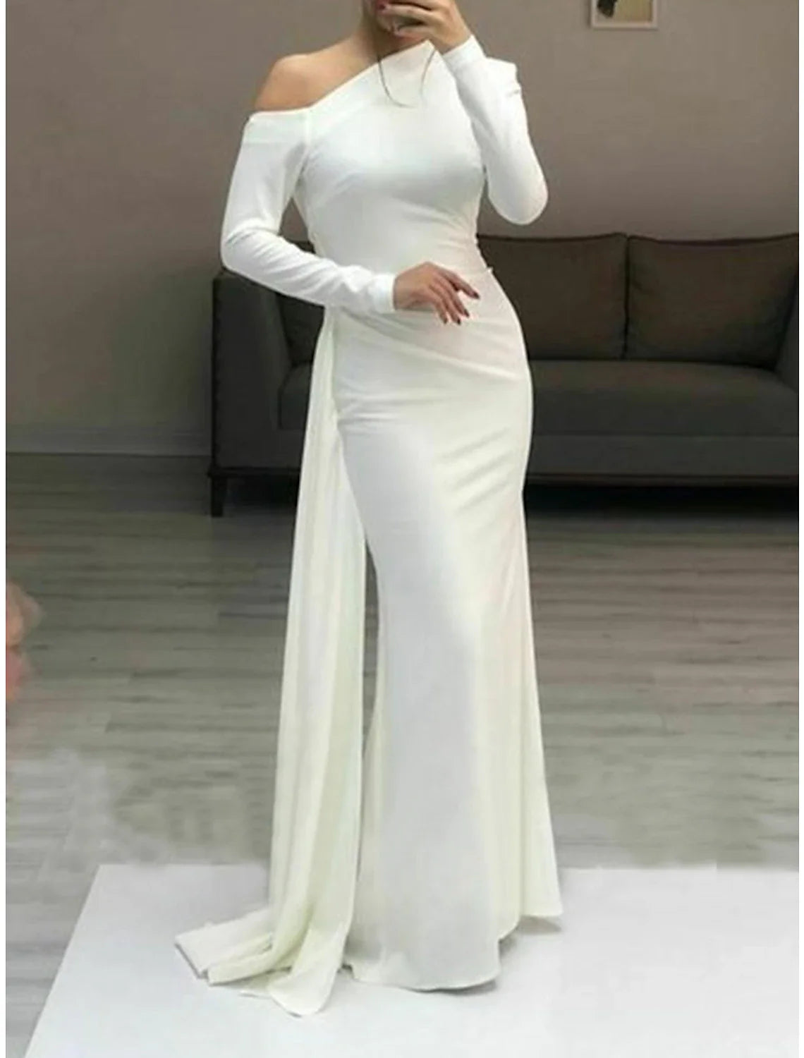 Sheath / Column Minimalist Elegant Wedding Guest Formal Evening Dress One Shoulder Long Sleeve Floor Length Fabric with Sleek Ruched 2025