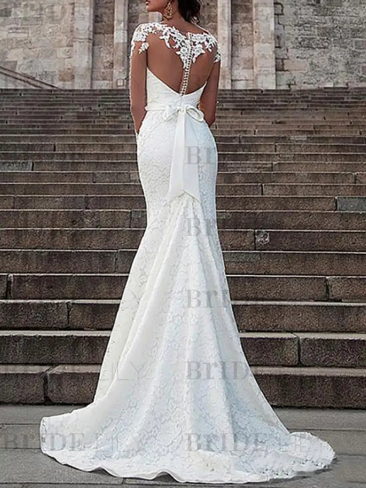 Wedding Dress Lace Illusion Neck Long Sleeves Mermaid Bridal Gowns With Court Train