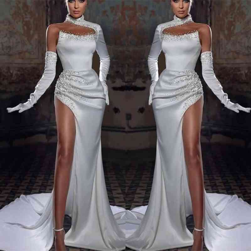 White Halter Mermaid Prom Dress Pleats Beadings Evening Dress with High Slit