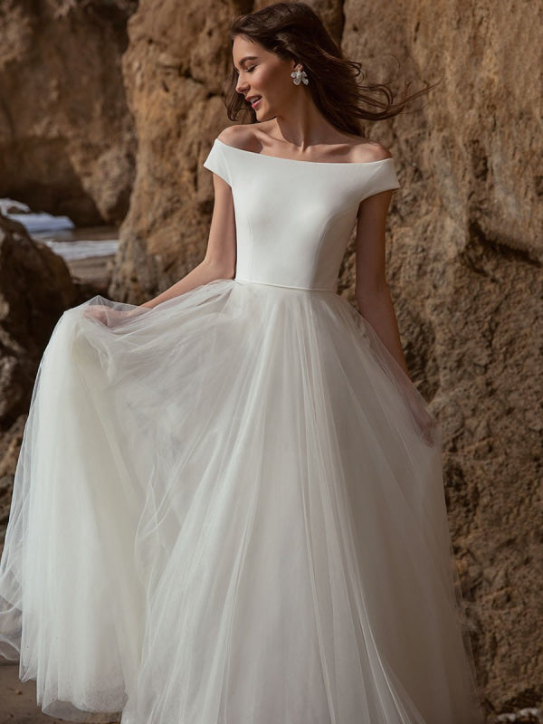 White Simple Wedding Dress A-Line Bateau Neck Off-Shoulder Sleeveless Pleated Tulle Bridal Dresses