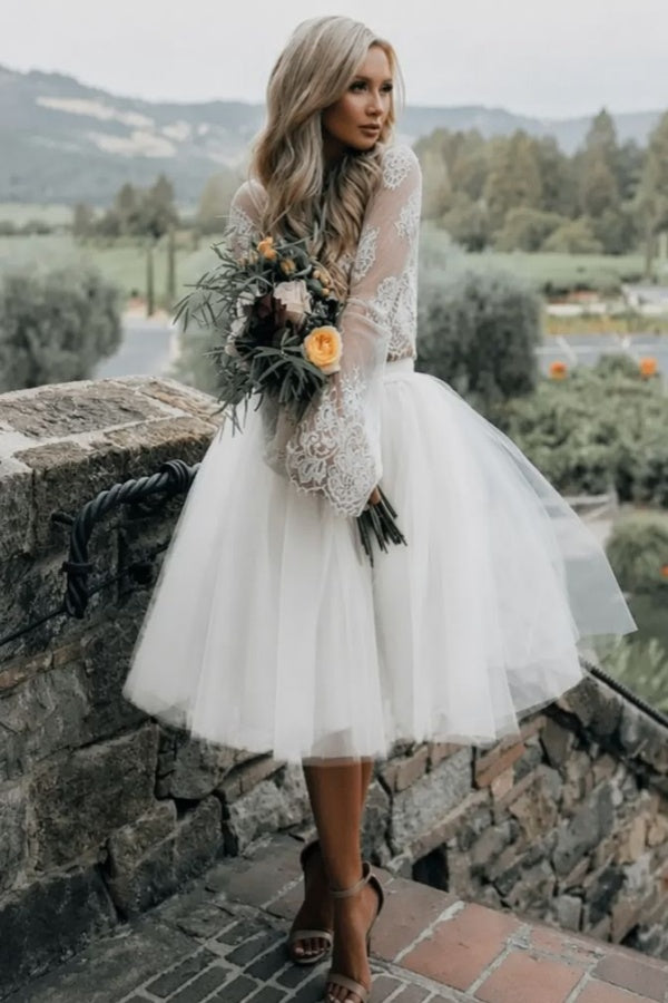 Blue Simple Wedding Dress A Line Designed Neckline Lace Tulle Bridal Gowns