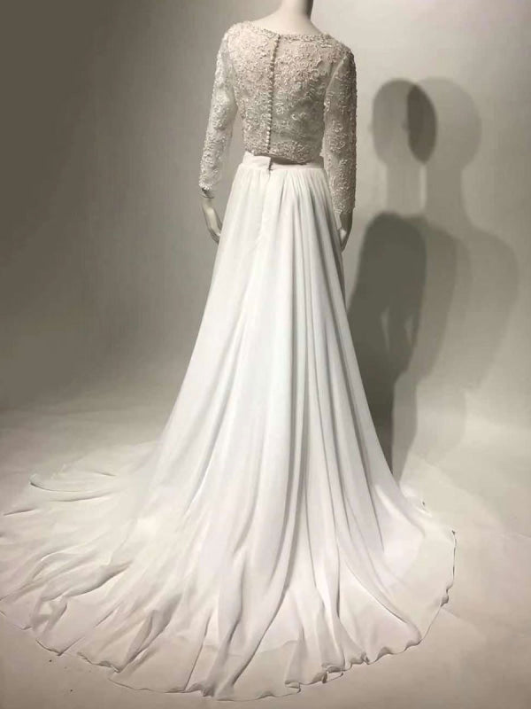White Simple Wedding Dress Chiffon V-Neck Long Sleeves A-Line Split Lace Bridal Gowns