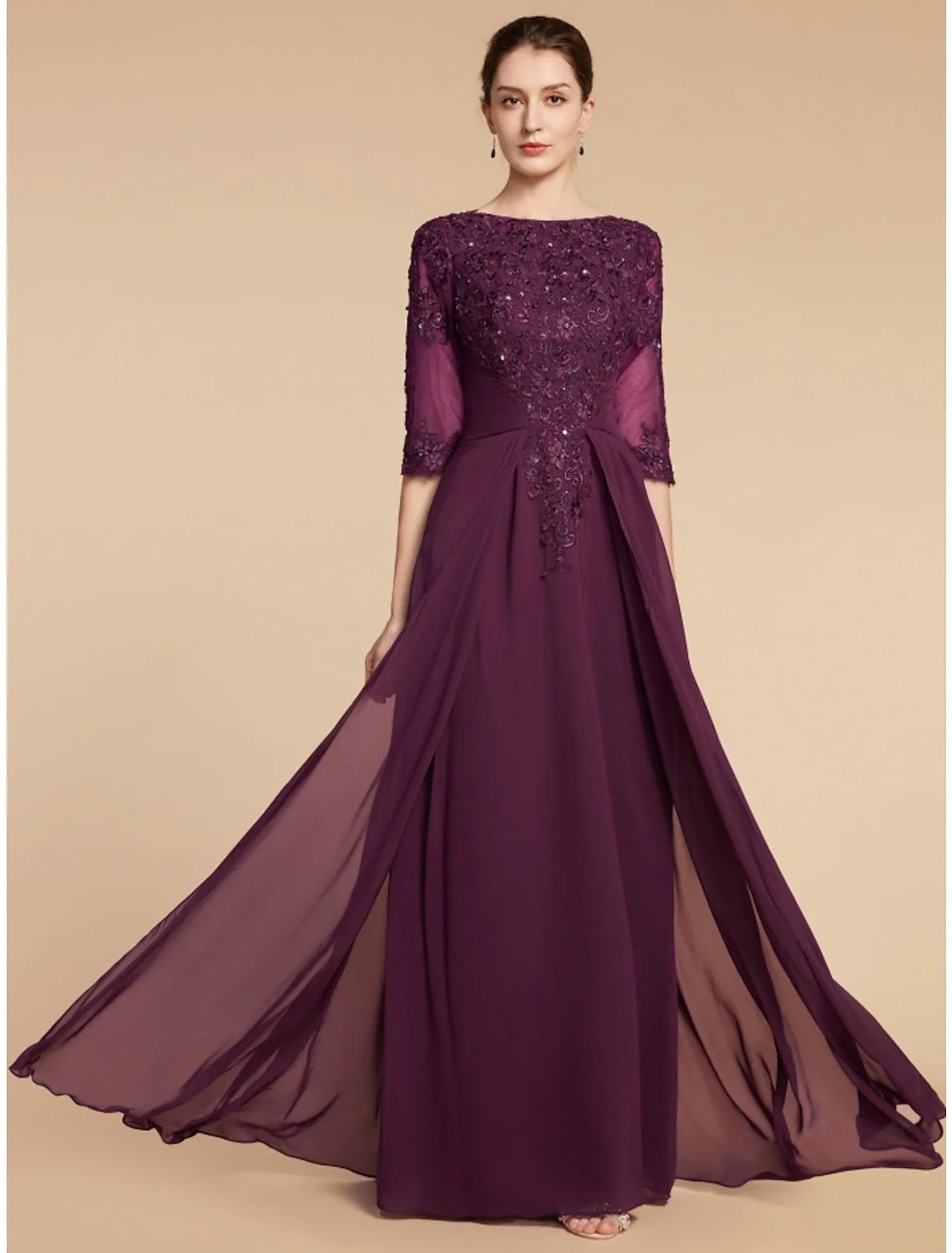 Aimishang Sheath / Column Mother of the Bride Dress Wedding Guest Elegant Scoop Neck Floor Length Chiffon Lace Half Sleeve with Pleats Sequin