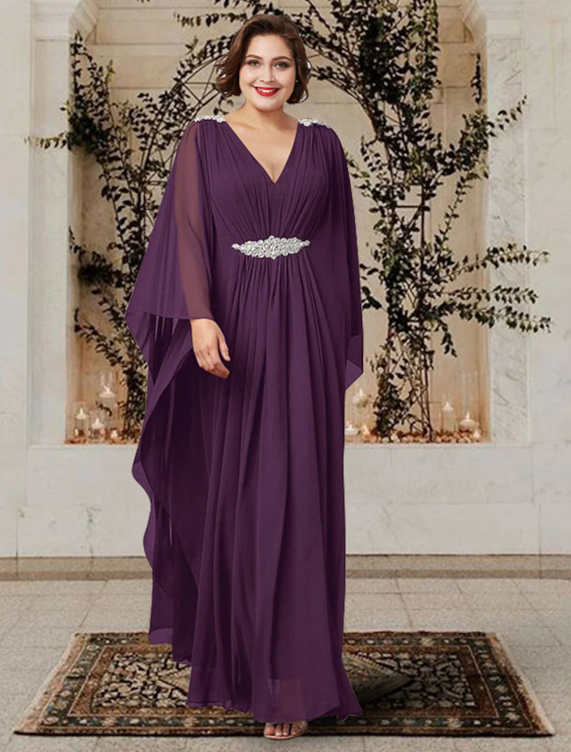 Aimishang A-Line Mother of the Bride Dress Plus Size Elegant V Neck Floor Length Chiffon Long Sleeve with Pleats Crystals