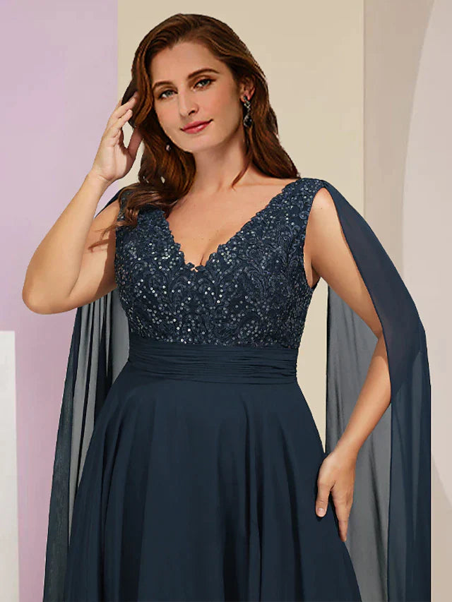 DingjiPlus Size Curve Mother of the Bride Dress Formal Party Elegant V Neck Floor Length Chiffon Lace Sleeveless with Pleats Sequin