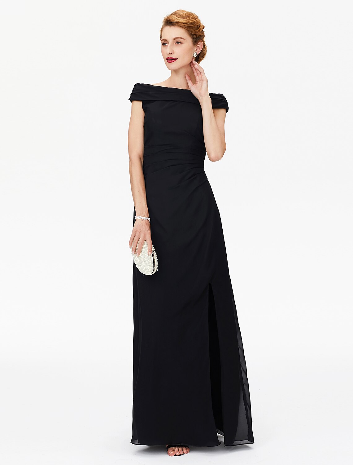 Aimishang Sheath / Column Mother of the Bride Dress Furcal Off Shoulder Floor Length Chiffon Short Sleeve No with Pleats Split Front