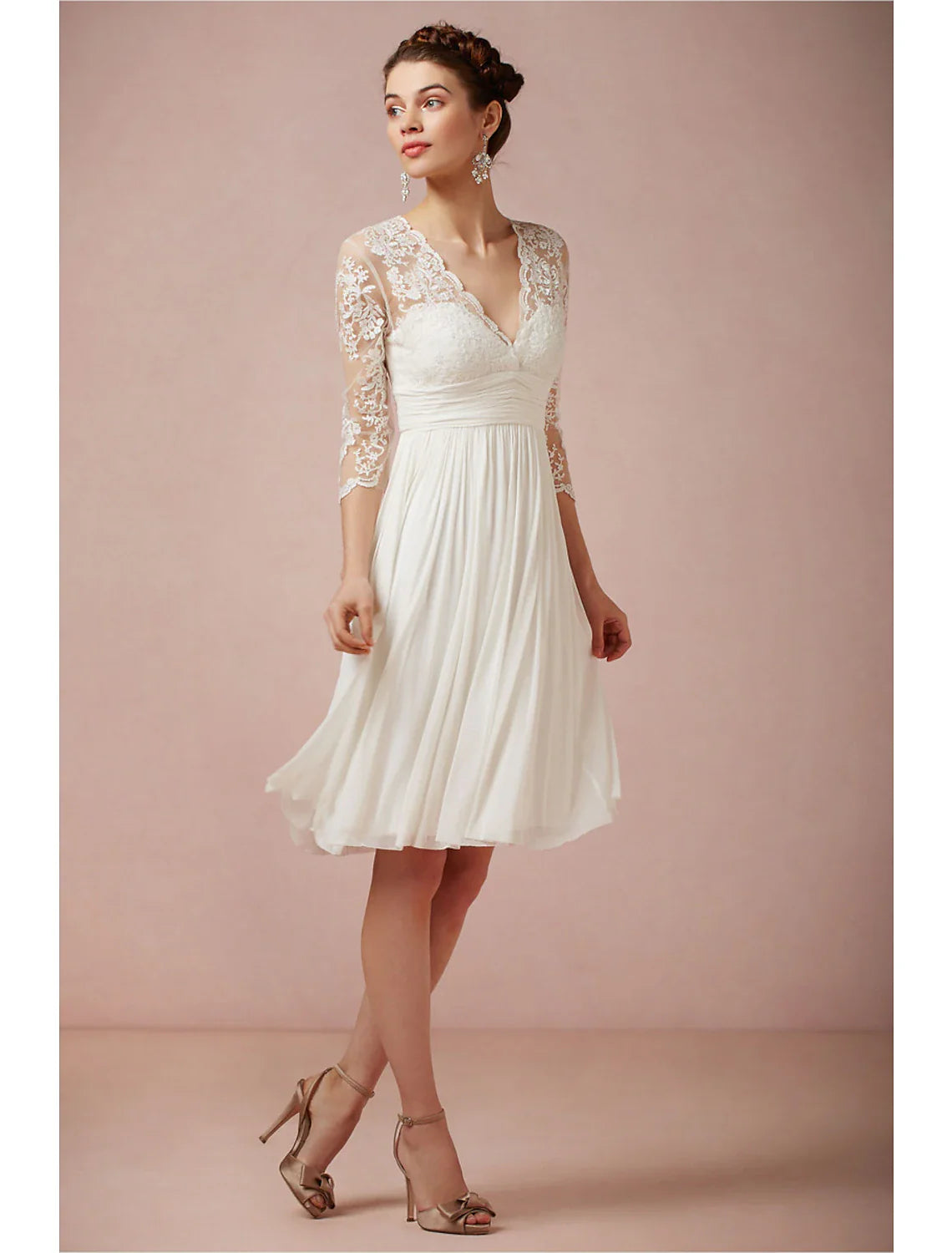 Reception Fall Wedding Dresses Open Back Little White Dresses A-Line V Neck 3/4 Length Sleeve Knee Length Chiffon Bridal Gowns With Ruched Summer Wedding Party Women‘s Clothing