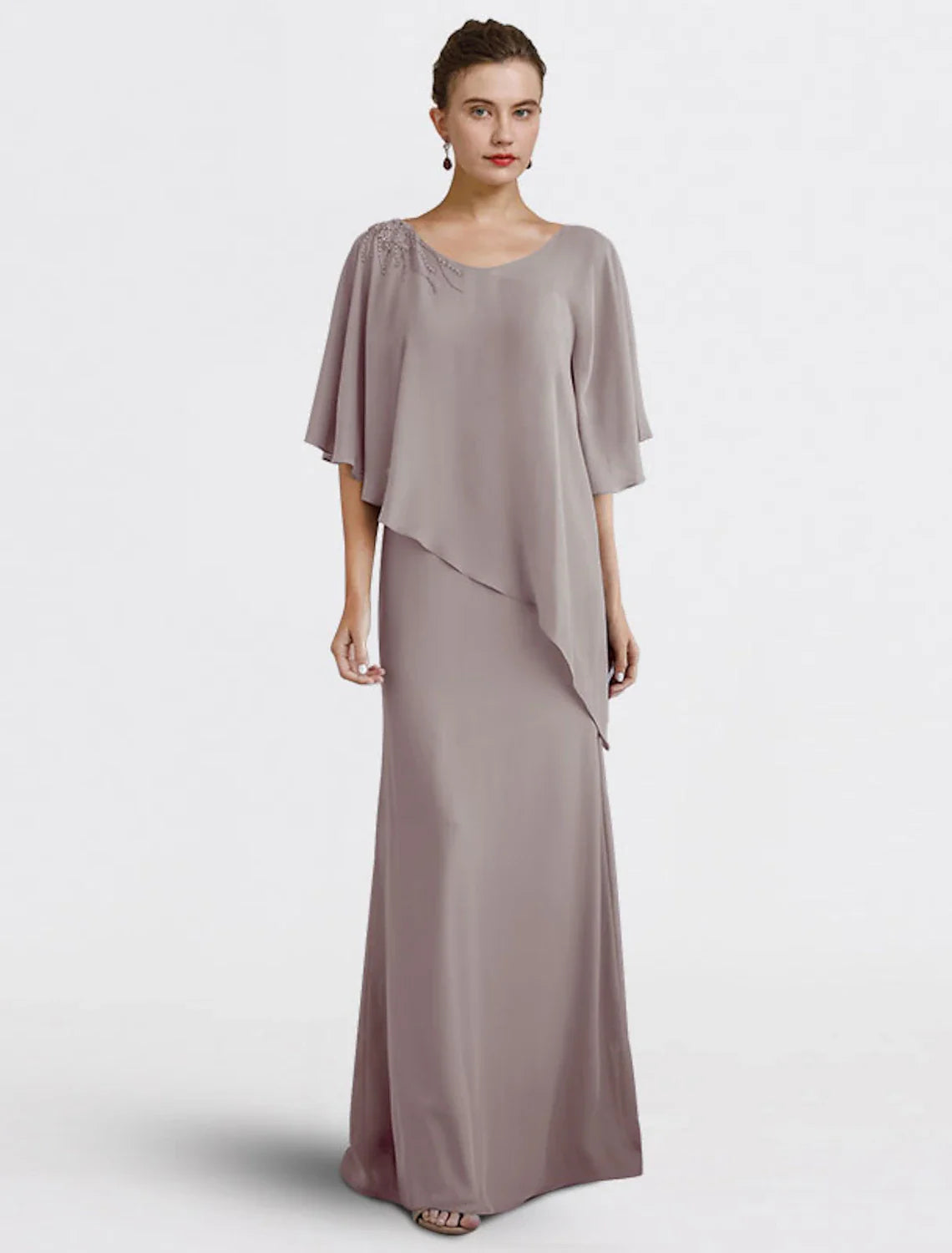 Sheath / Column Mother of the Bride Dress Wedding Guest Plus Size Elegant V Neck Floor Length Chiffon Half Sleeve with Beading Fall