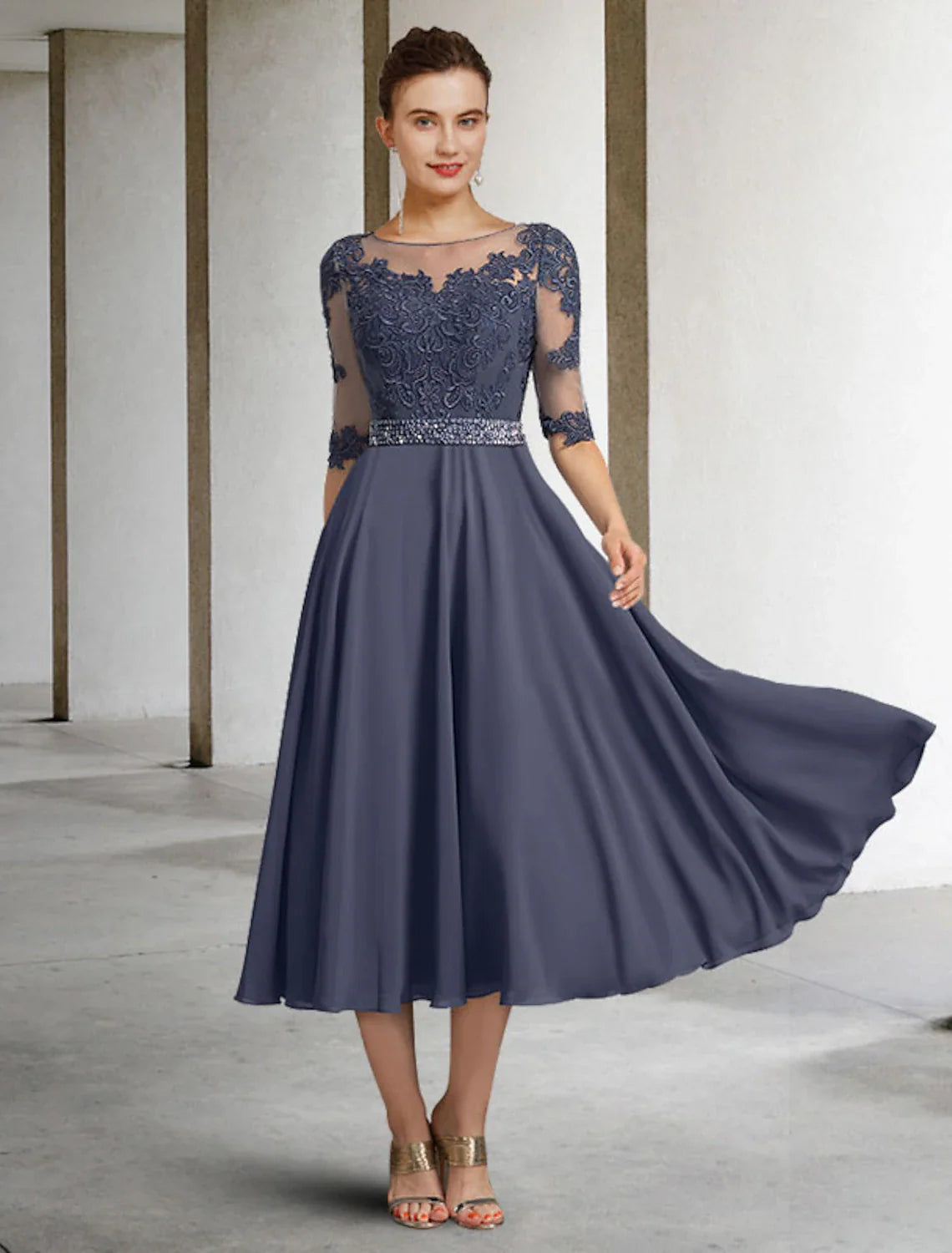 Aimishang A-Line Mother of the Bride Dress Luxurious Elegant Jewel Neck Tea Length Chiffon Lace Tulle Half Sleeve with Crystals Appliques