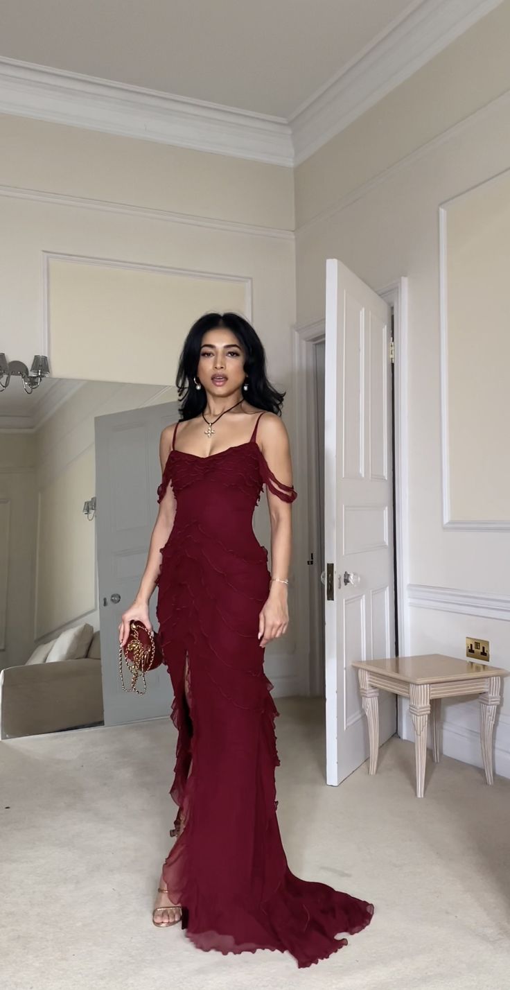Sexy Burgundy Chiffon Long Prom Dresses Formal Evening Dress