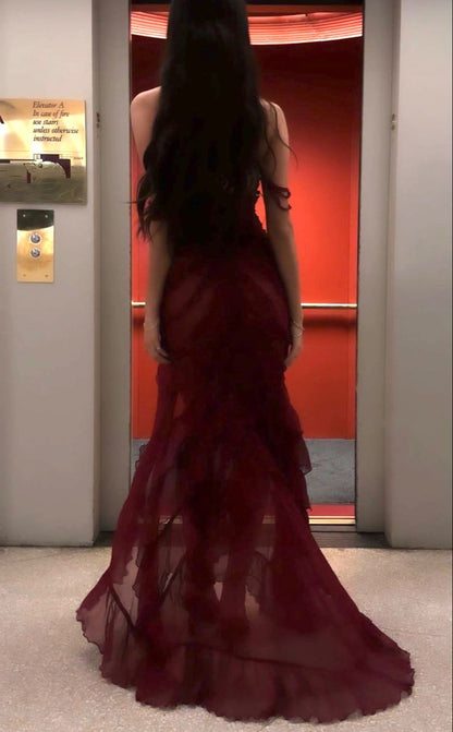 Sexy Burgundy Chiffon Long Prom Dresses Formal Evening Dress