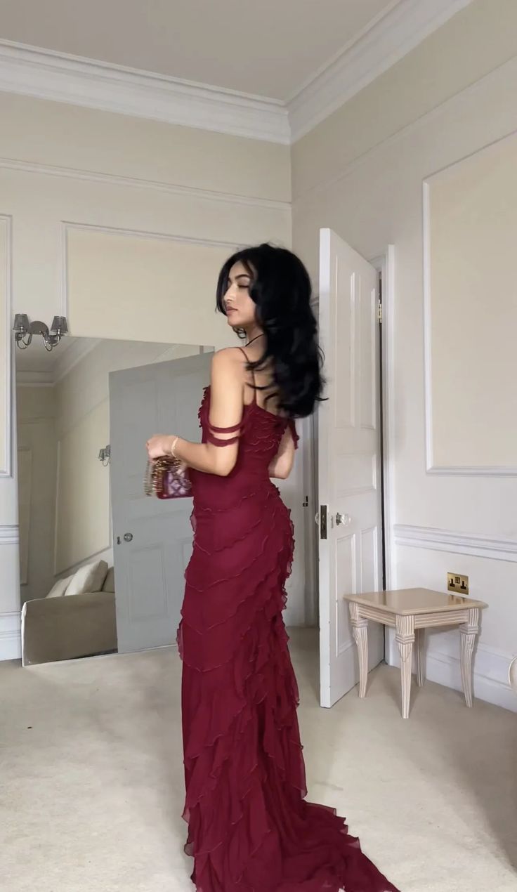 Sexy Burgundy Chiffon Long Prom Dresses Formal Evening Dress