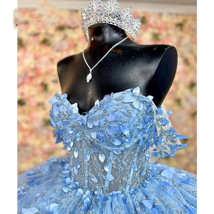 Elegant Blue Beaded Applique Off-the-shoulder Sweet 16 Quinceanera A-Line Prom Dress Birthday Dress Evening Dress Ball Gown HZ1024