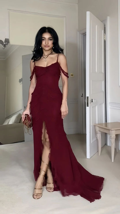 Sexy Burgundy Chiffon Long Prom Dresses Formal Evening Dress