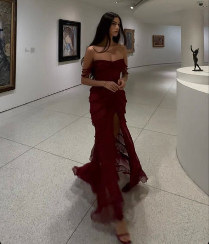 Sexy Burgundy Chiffon Long Prom Dresses Formal Evening Dress