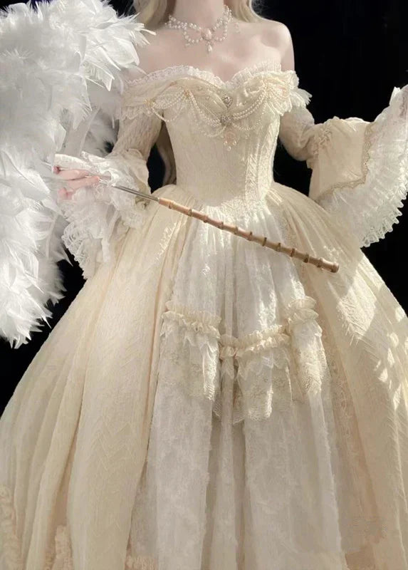 Gorgeous Ivory Sweetheart Lace Off-the-shoulder Long-sleeve A-Line Wedding Dress Ball Gown Prom Dress Evening Dress HZ1024