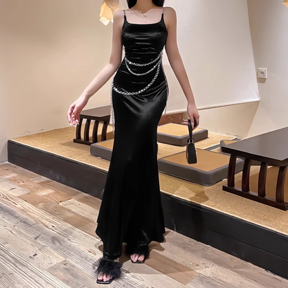 Gorgeous Black Spaghetti Strap Waist Chain Mermaid Long Prom Dress Evening Dress HZ1024
